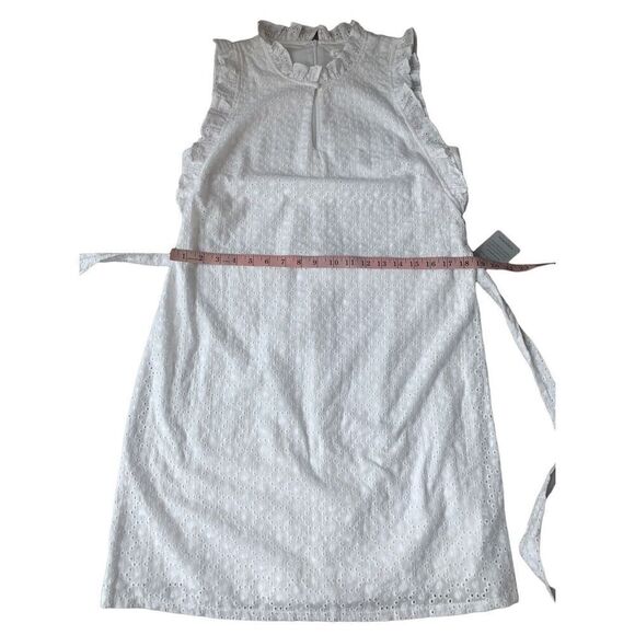 London Times White Eyelet Ruffled Neck and Armhole Mini Dress with Waist Tie - Picture 9 of 12